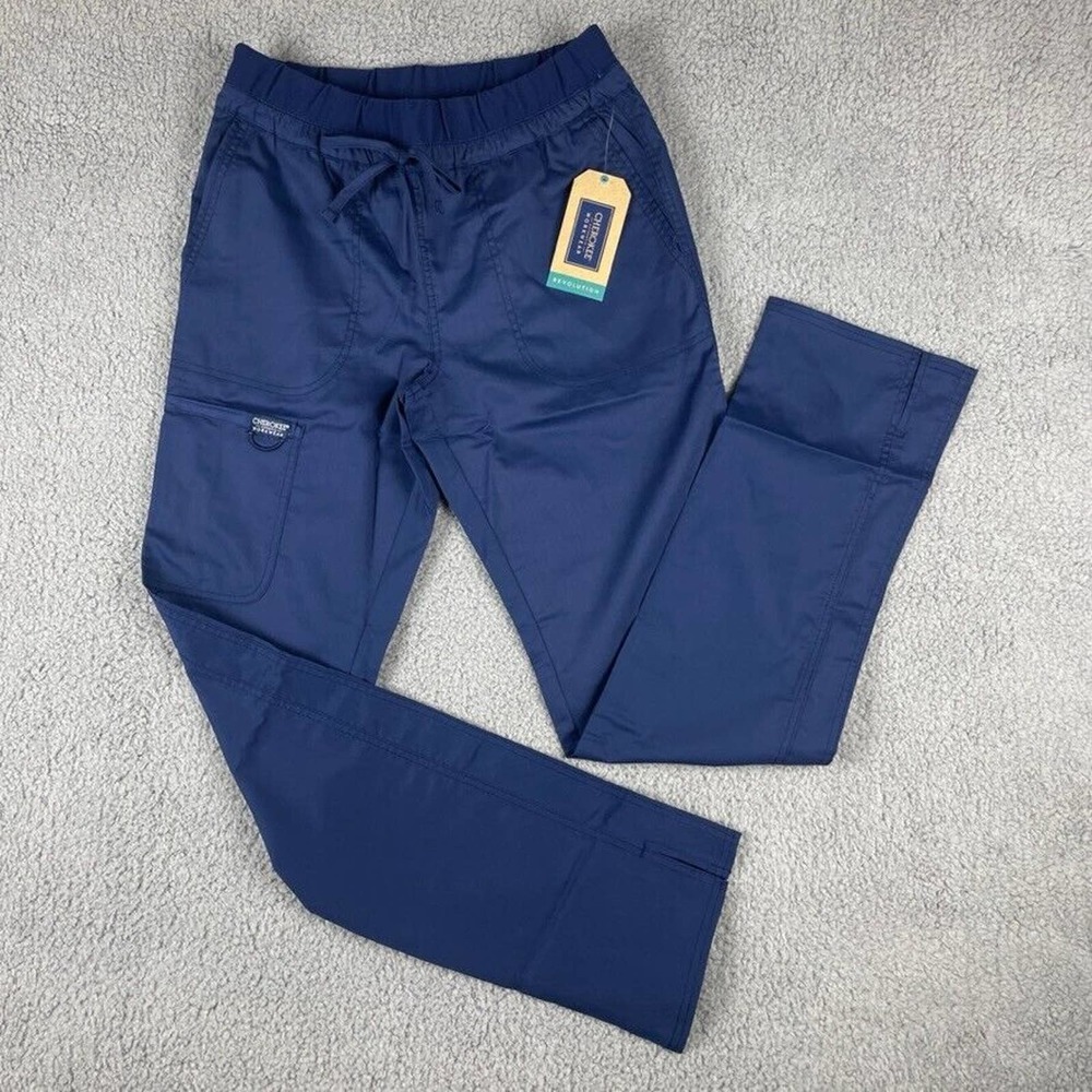 Cherokee Workwear Women's Small Navy Tapered Leg Drawstring Tall Scrubs Pants - Picture 2 of 16